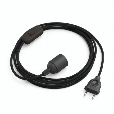 Lámpara colgante de cable textil liso, algodón negro carbón, portalámparas E27