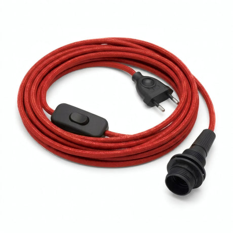 Lámpara colgante de cable textil liso, algodón rojo fuego, portalámparas E14 con anillos para pantalla