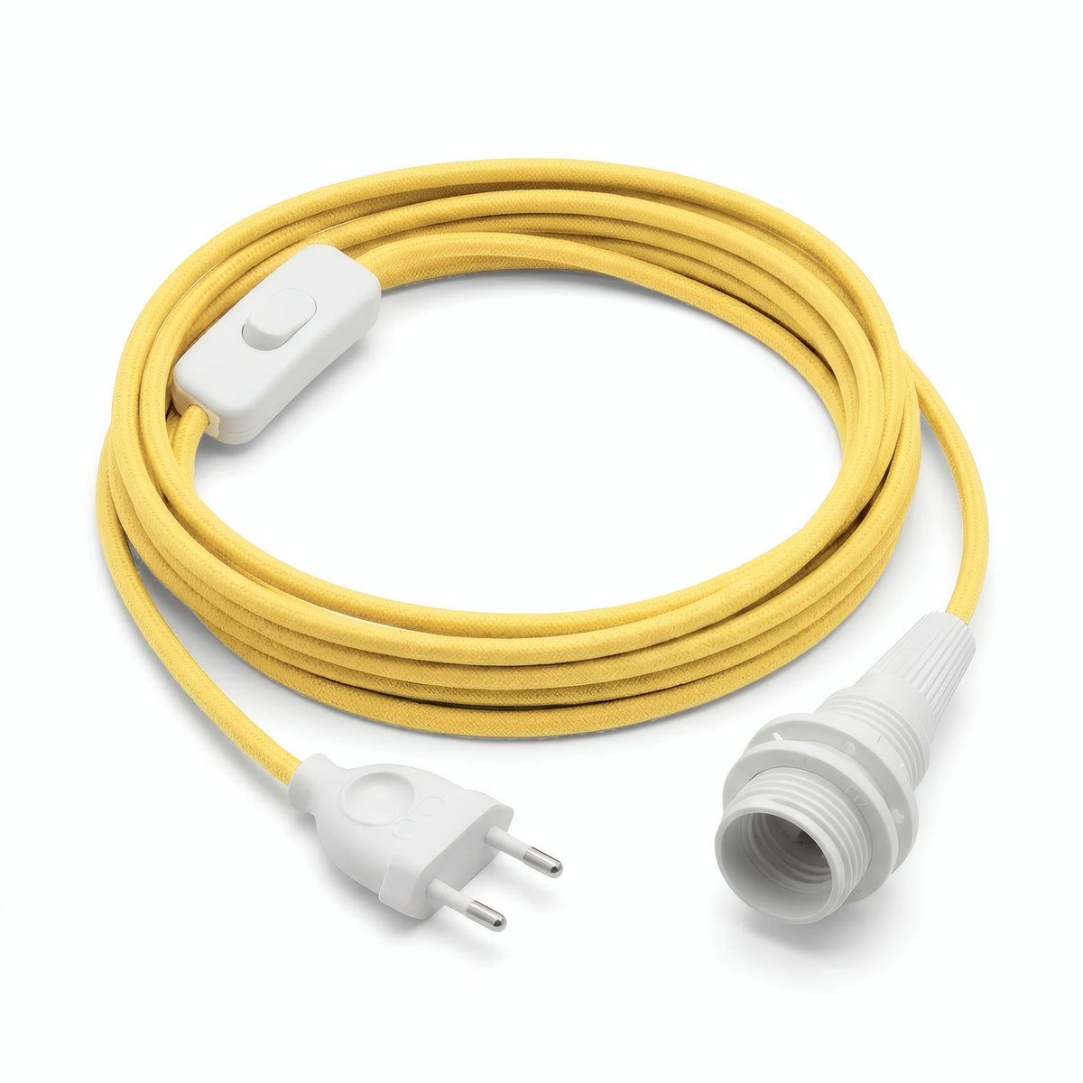 Lámpara colgante de cable textil liso, efecto seda amarillo maíz, portalámparas E14 con anillos para pantalla
