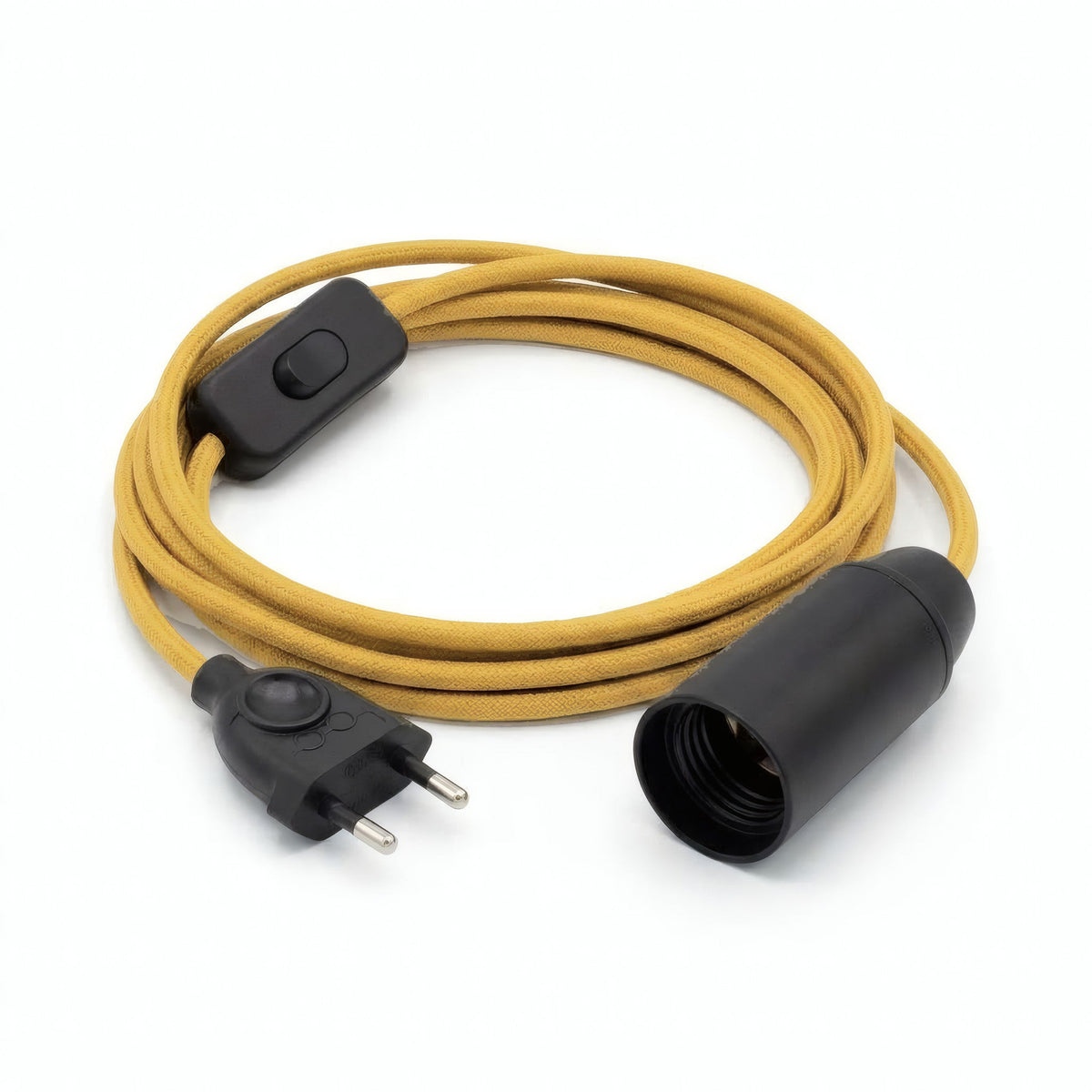 Lámpara colgante de cable textil liso, efecto seda amarillo mostaza, portalámparas E14