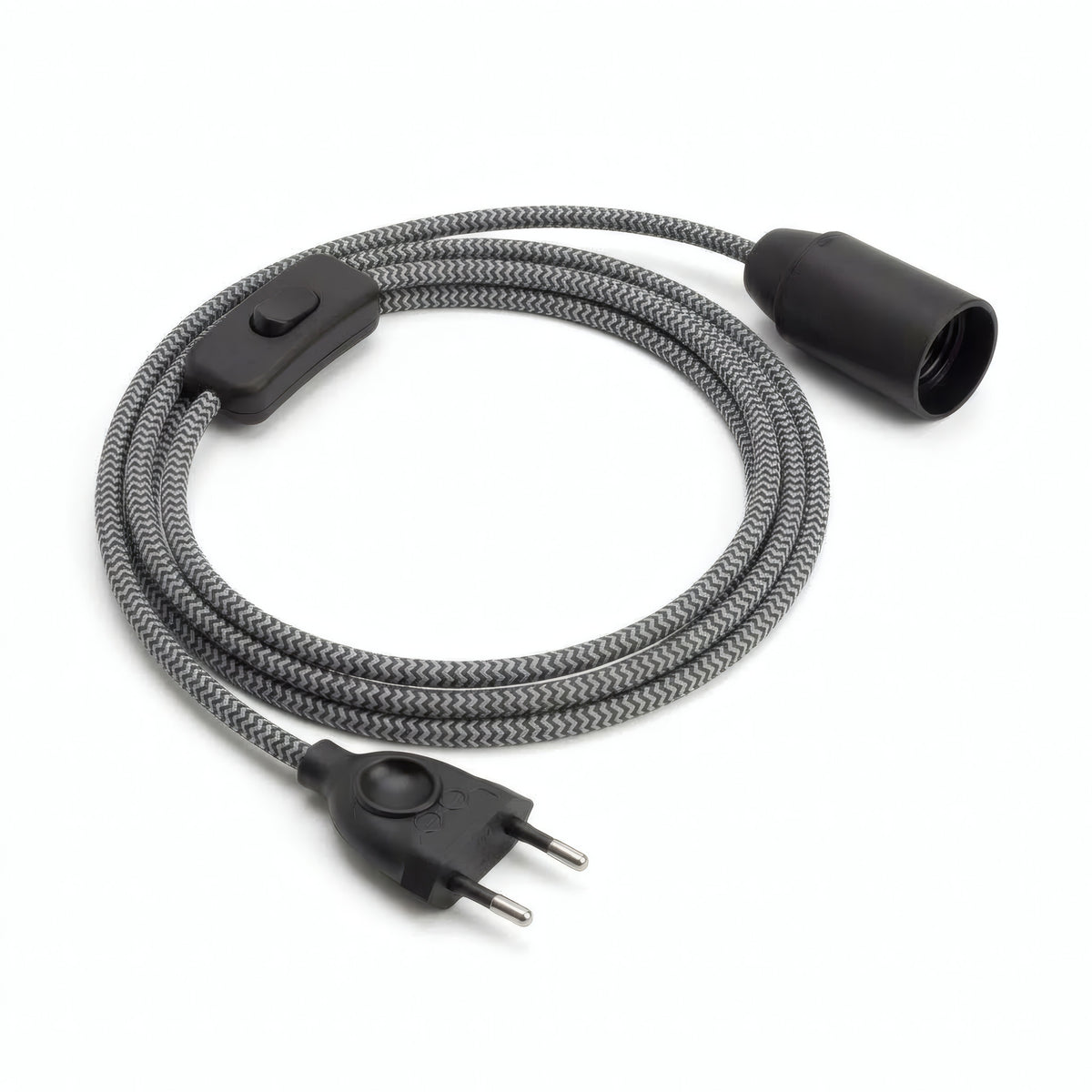 Lámpara colgante de cable textil zigzag, efecto seda negro carbón y blanco óptico, portalámparas E14