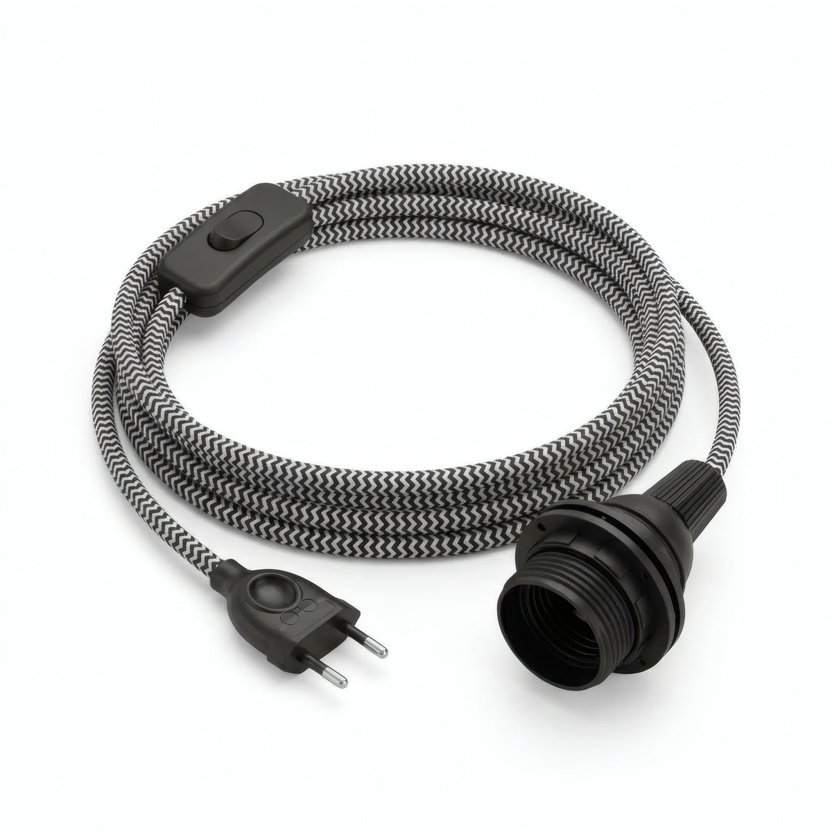 Lámpara colgante de cable textil zigzag, efecto seda negro carbón y blanco óptico, portalámparas E27 con anillos para pantalla
