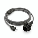 Lámpara colgante de cable textil zigzag, efecto seda negro carbón y blanco óptico, portalámparas E27 con anillos para pantalla