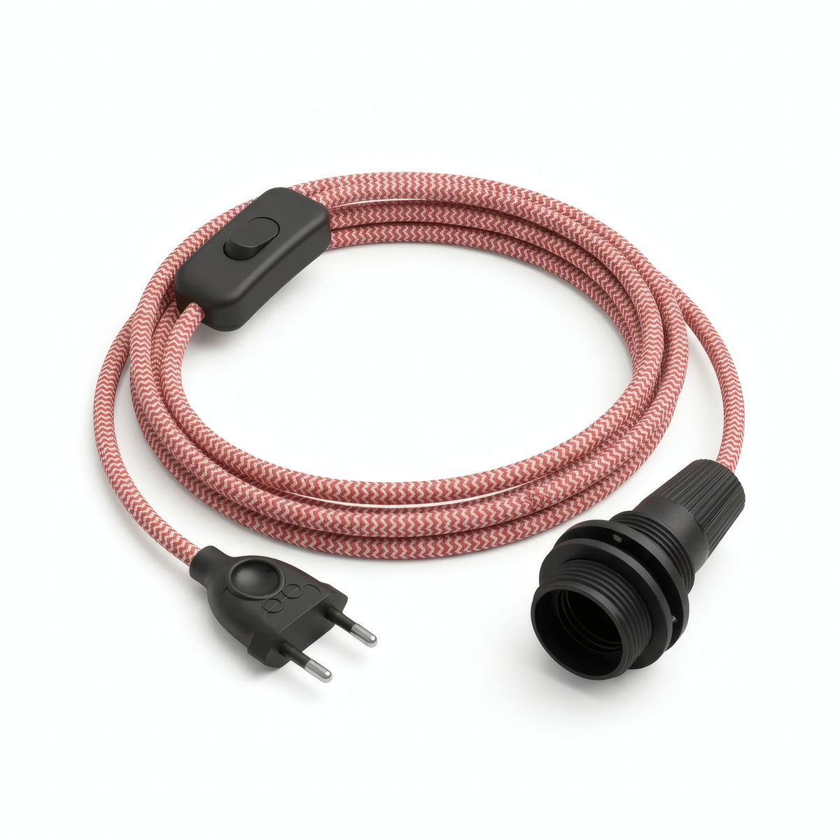 Lámpara colgante de cable textil zigzag, efecto seda rojo fuego y blanco óptico, portalámparas E14 con anillos para pantalla
