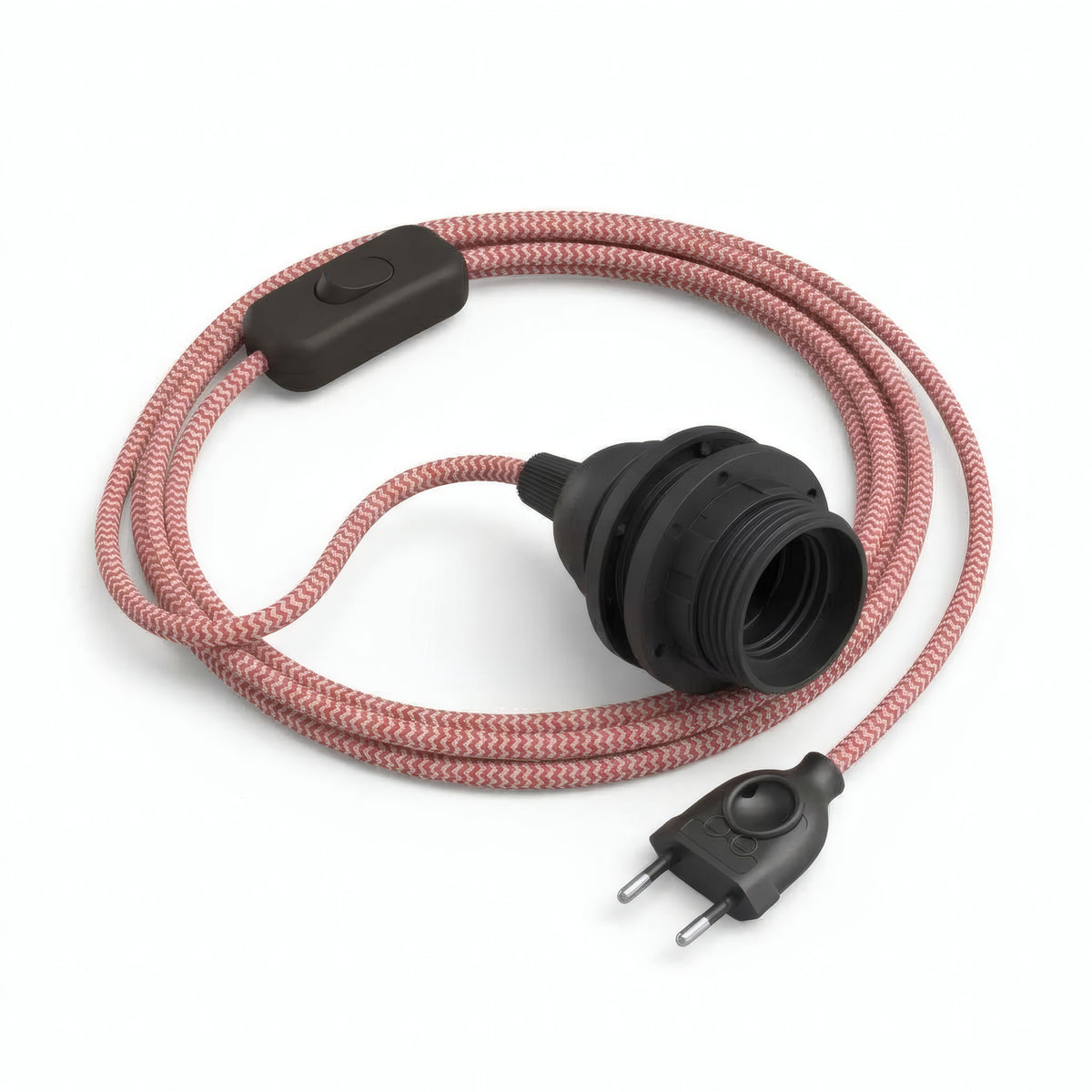 Lámpara colgante de cable textil zigzag, efecto seda rojo fuego y blanco óptico, portalámparas E27 con anillos para pantalla