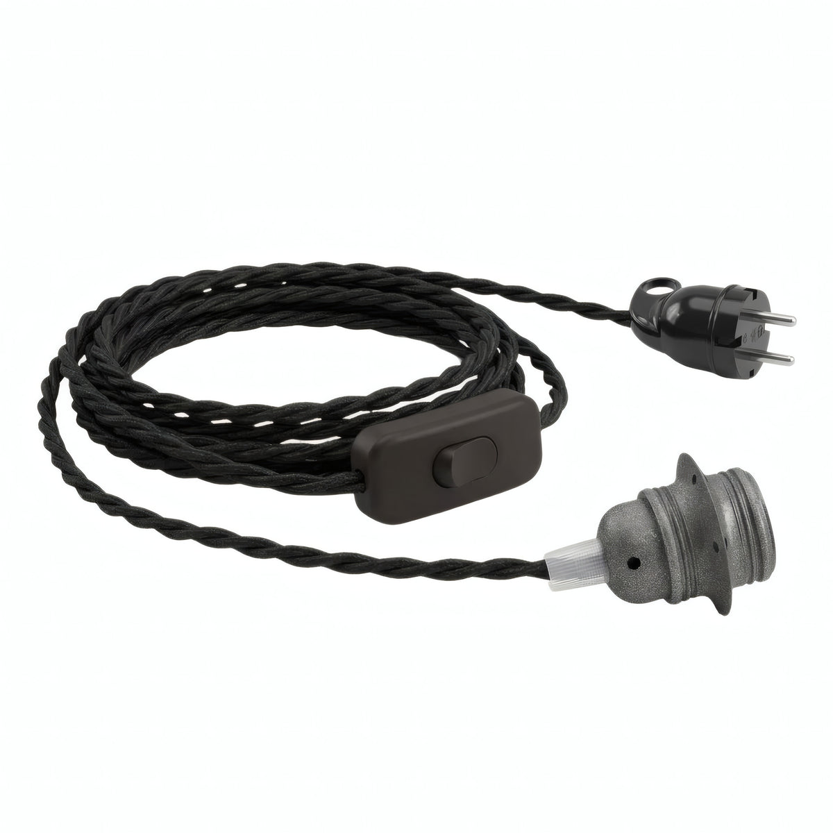 Lámpara colgante de cable textil trenzado, portalámparas de metal gris oscuro y enchufe Schuko, otra vista