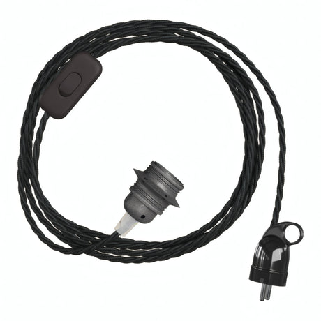 Lámpara colgante de cable textil trenzado, portalámparas de metal gris oscuro y enchufe Schuko