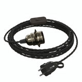 Lámpara colgante de cable textil trenzado, portalámparas de metal en perla negra y enchufe Schuko, otra vista