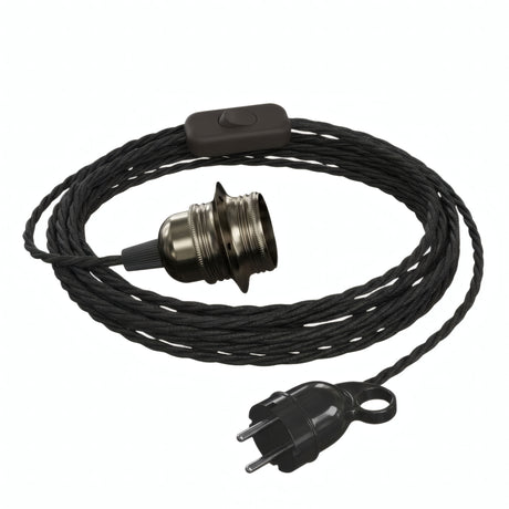 Lámpara colgante de cable textil trenzado, portalámparas de metal en perla negra y enchufe Schuko, otra vista