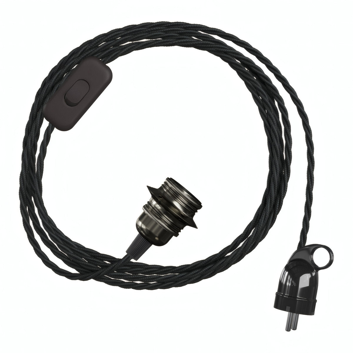 Lámpara colgante de cable textil trenzado, portalámparas de metal en perla negra y enchufe Schuko