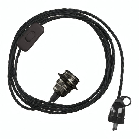 Lámpara colgante de cable textil trenzado, portalámparas de metal en perla negra y enchufe Schuko