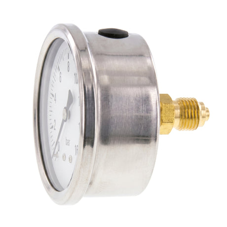Manomètre axial inox à bain de silicone, profil arrière, raccord laiton central fileté