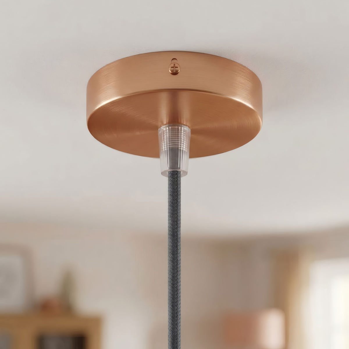 Mini florón cilíndrico de metal, Ø 83 mm — 1 orificio central / Cónico de termoplástico / Cobre satinado