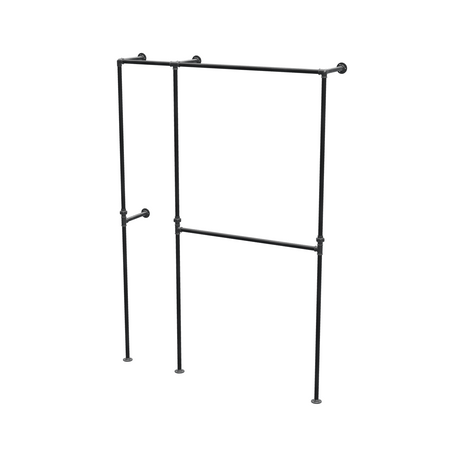 Penderie ouverte à deux baies en tuyaux de plomberie noirs Ø 27 mm — baies de 40 + 100 cm, vue de trois quarts sur fond blanc