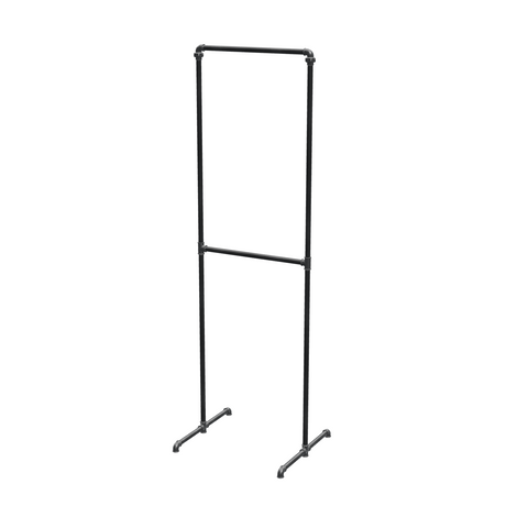 Portant à vêtements autoportant double niveau en tuyaux de plomberie noirs Ø 27 mm — largeur 60 cm, hauteur 216 cm, vue de trois quarts sur fond blanc