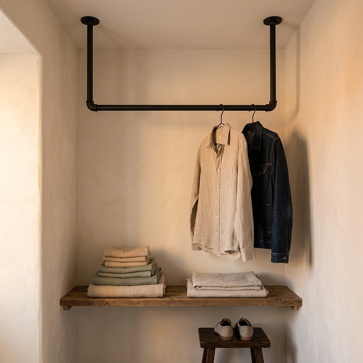 Barra de ropa de techo en tubo negro en un rincón vestidor, sobre una balda de madera