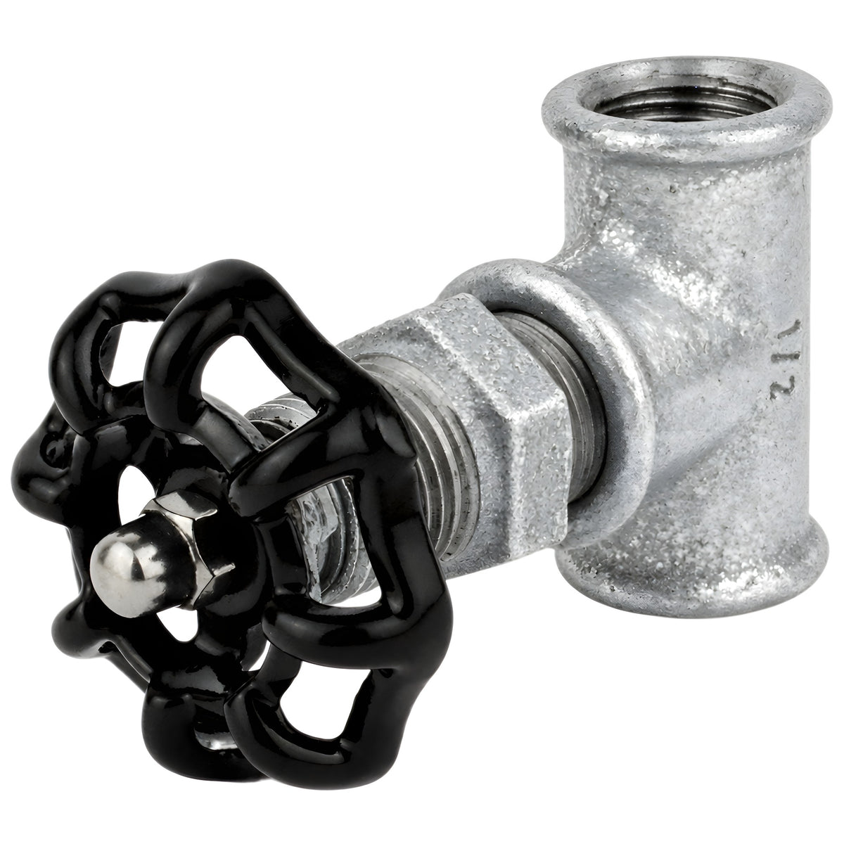 Racor estilo válvula de 1/2'' con volante negro de 52 mm, tuerca de acero inoxidable, racor de hierro fundido galvanizado