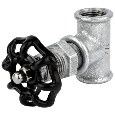 Racor estilo válvula de 1/2'' con volante negro de 52 mm, tuerca de acero inoxidable, racor de hierro fundido galvanizado
