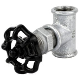 Racor estilo válvula de 1/2'' con volante negro de 52 mm, tuerca negra, racor de hierro fundido galvanizado
