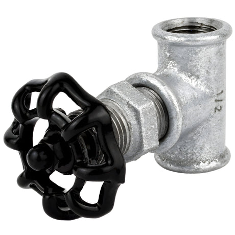 Racor estilo válvula de 1/2'' con volante negro de 52 mm, tuerca negra, racor de hierro fundido galvanizado