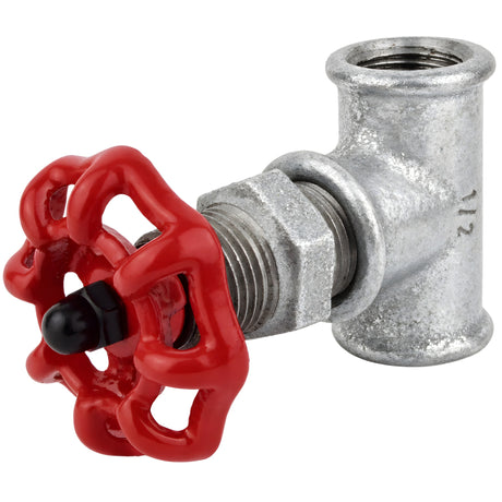 Racor estilo válvula de 1/2'' con volante rojo de 52 mm, tuerca negra, racor de hierro fundido galvanizado