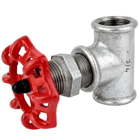 Racor estilo válvula de 3/4'' con volante rojo de 72 mm, tuerca negra, racor de hierro fundido galvanizado