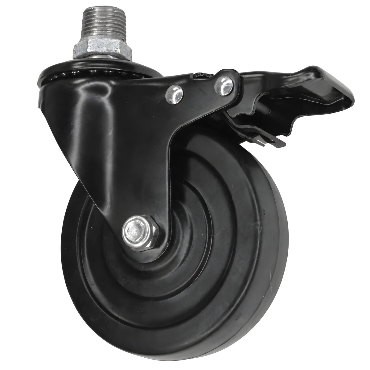 Rueda giratoria industrial negra de goma de 100 mm con freno, rosca macho, racor de hierro fundido galvanizado