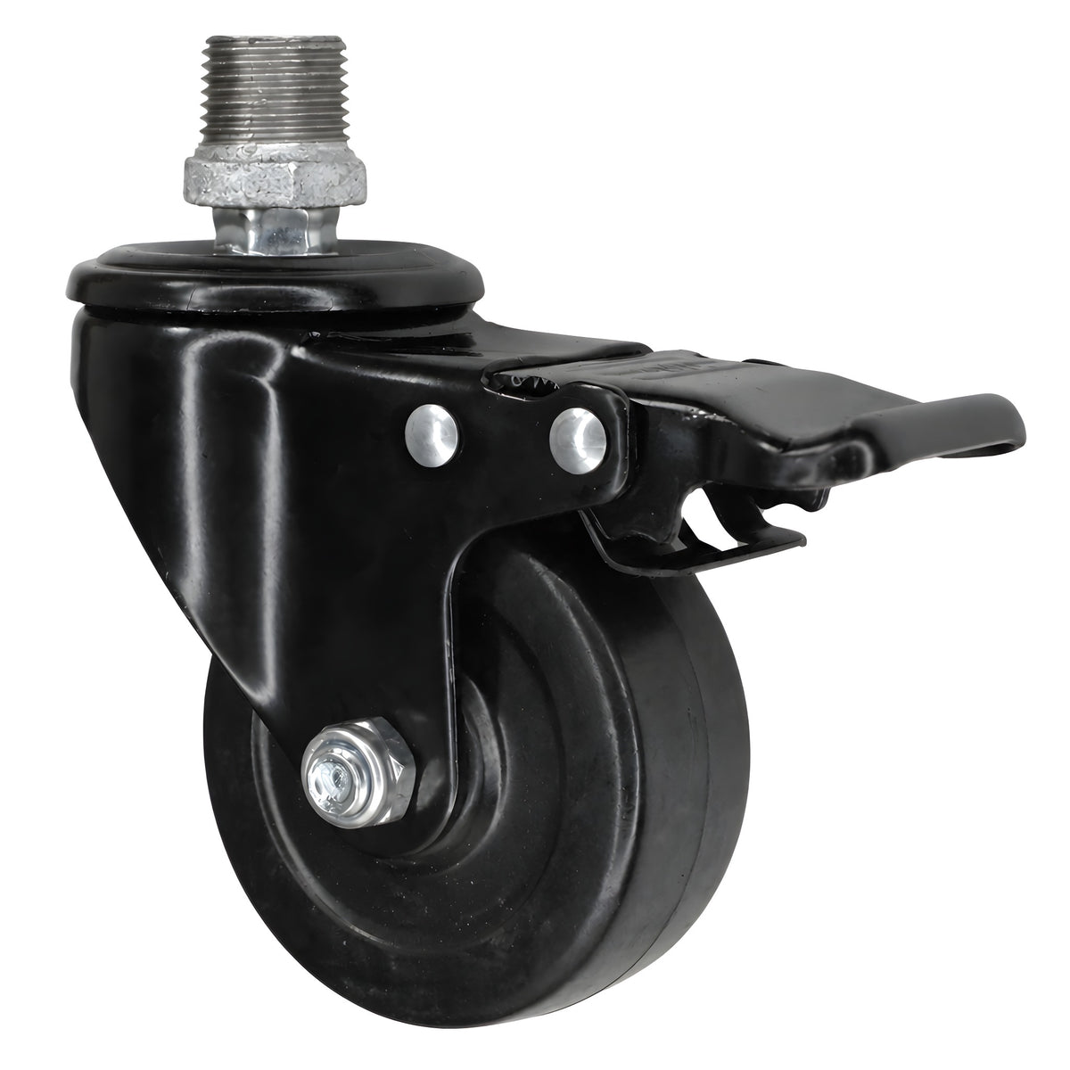 Rueda giratoria industrial negra de goma de 75 mm con freno, rosca macho, racor de hierro fundido galvanizado