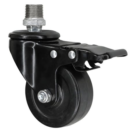 Rueda giratoria industrial negra de goma de 75 mm con freno, rosca macho, racor de hierro fundido galvanizado