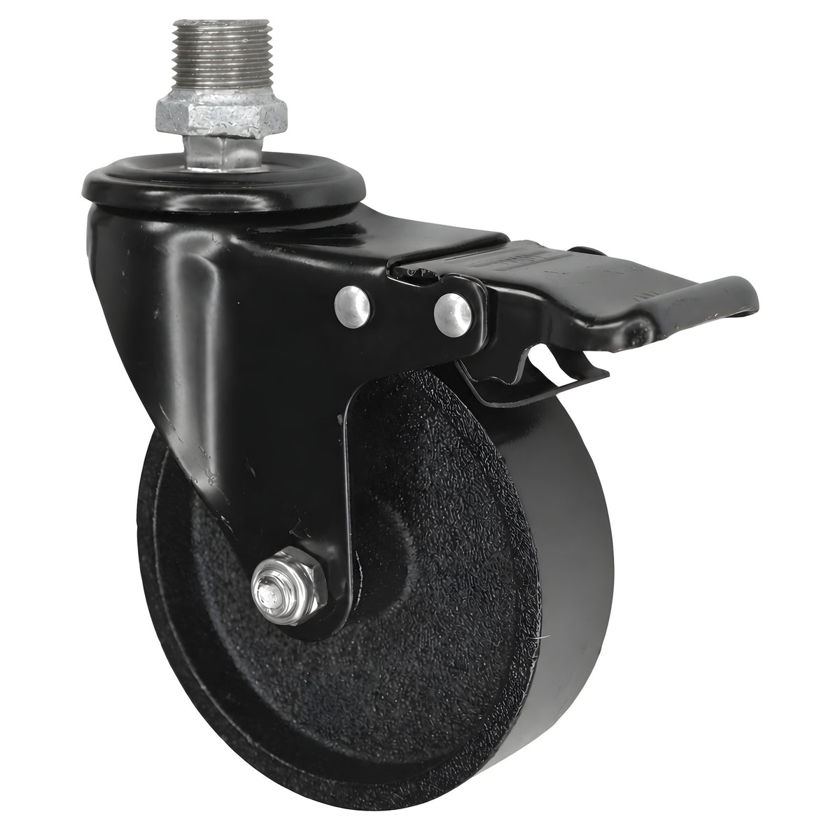 Rueda giratoria industrial negra de hierro fundido de 100 mm con freno, 1/2'' (15x21mm) macho, racor de hierro fundido galvanizado
