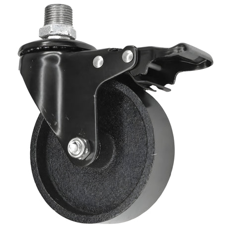 Rueda giratoria industrial negra de hierro fundido de 100 mm con freno, rosca macho, racor de hierro fundido galvanizado
