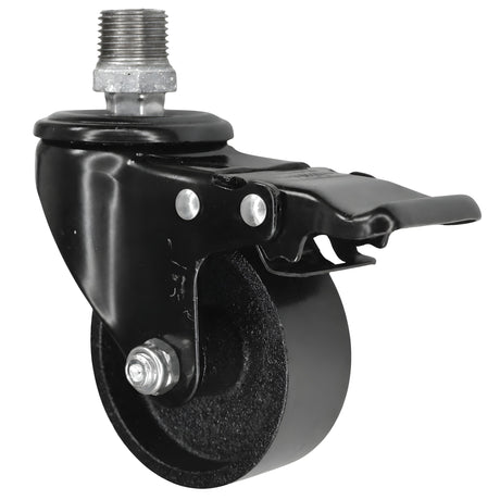 Rueda giratoria industrial negra de hierro fundido de 75 mm con freno, 1/2'' (15x21mm) macho, racor de hierro fundido galvanizado