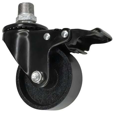 Rueda giratoria industrial negra de hierro fundido de 75 mm con freno, rosca macho, racor de hierro fundido galvanizado