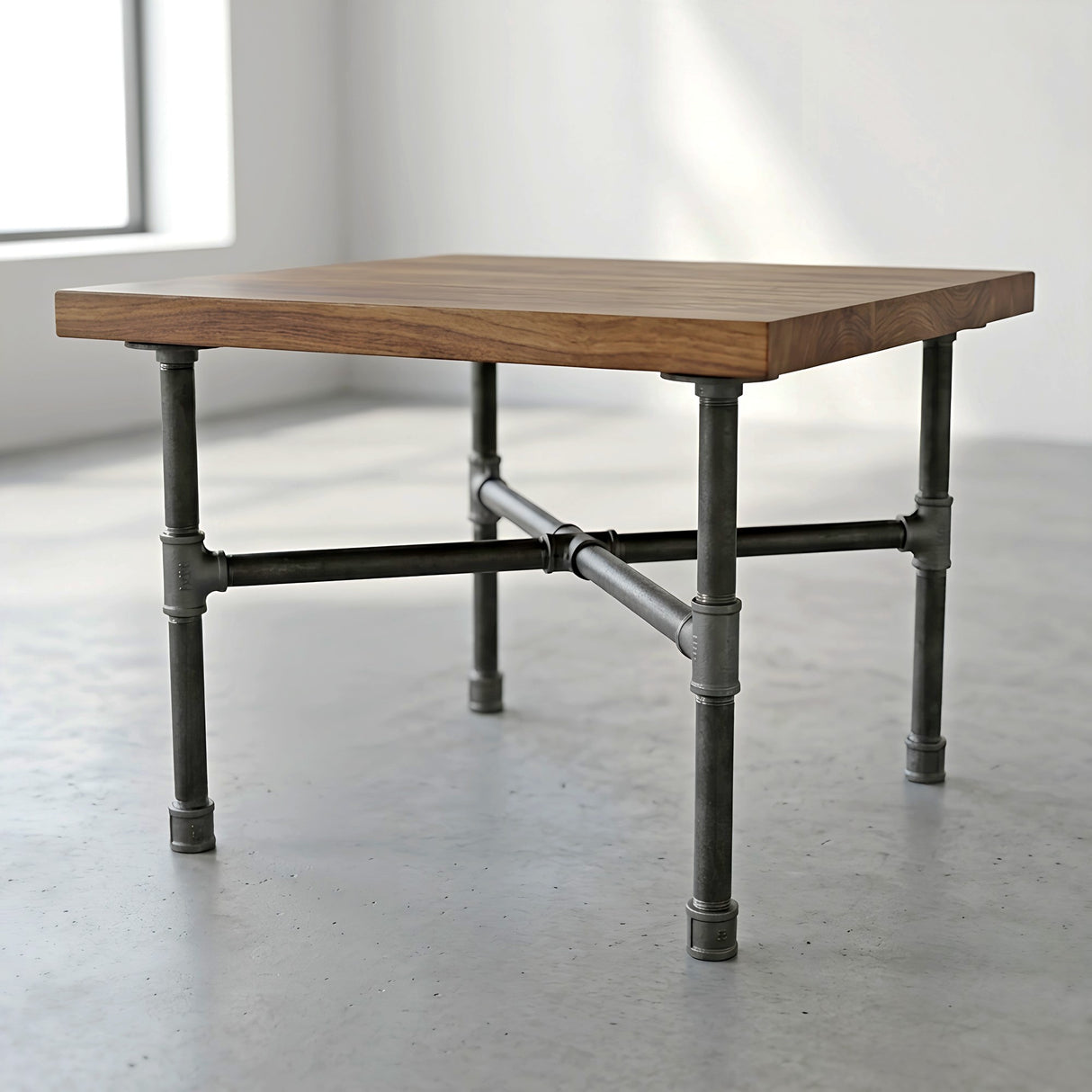 Table basse industrielle avec plateau bois sur piètement fonte en croix, mise en situation (plateau non fourni)