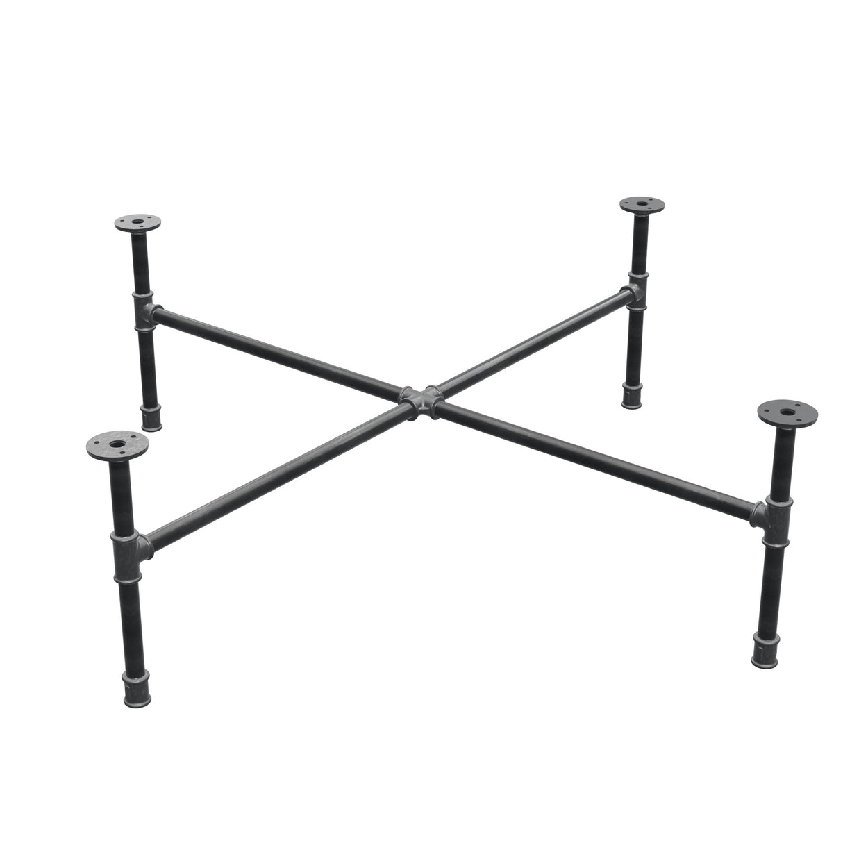 Base de mesa de centro industrial de hierro fundido, patas en cruz, 108 × 108 cm, altura 32 cm, vista tres cuartos