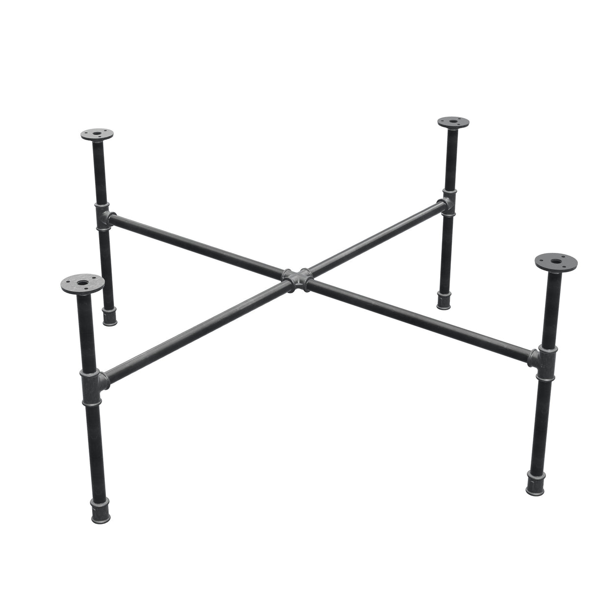 Base de mesa de centro industrial de hierro fundido, patas en cruz, 108 × 108 cm, altura 42 cm, vista tres cuartos