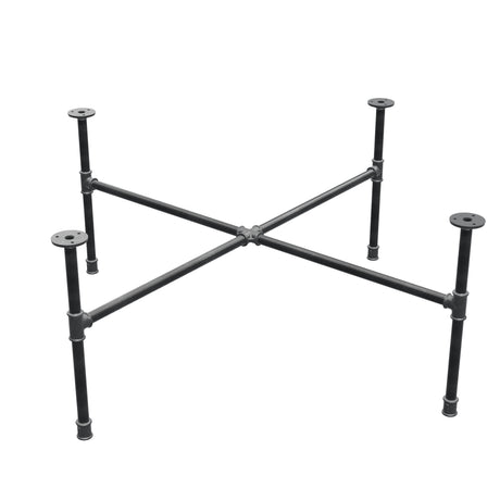 Base de mesa de centro industrial de hierro fundido, patas en cruz, 108 × 108 cm, altura 42 cm, vista tres cuartos