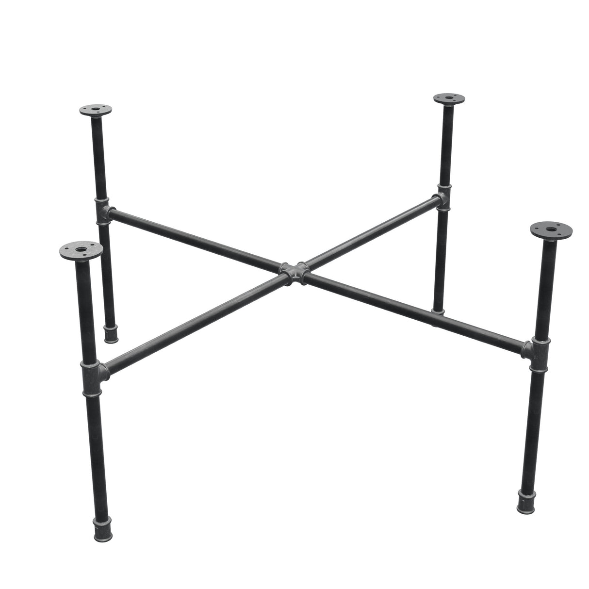 Base de mesa de centro industrial de hierro fundido, patas en cruz, 108 × 108 cm, altura 52 cm, vista tres cuartos