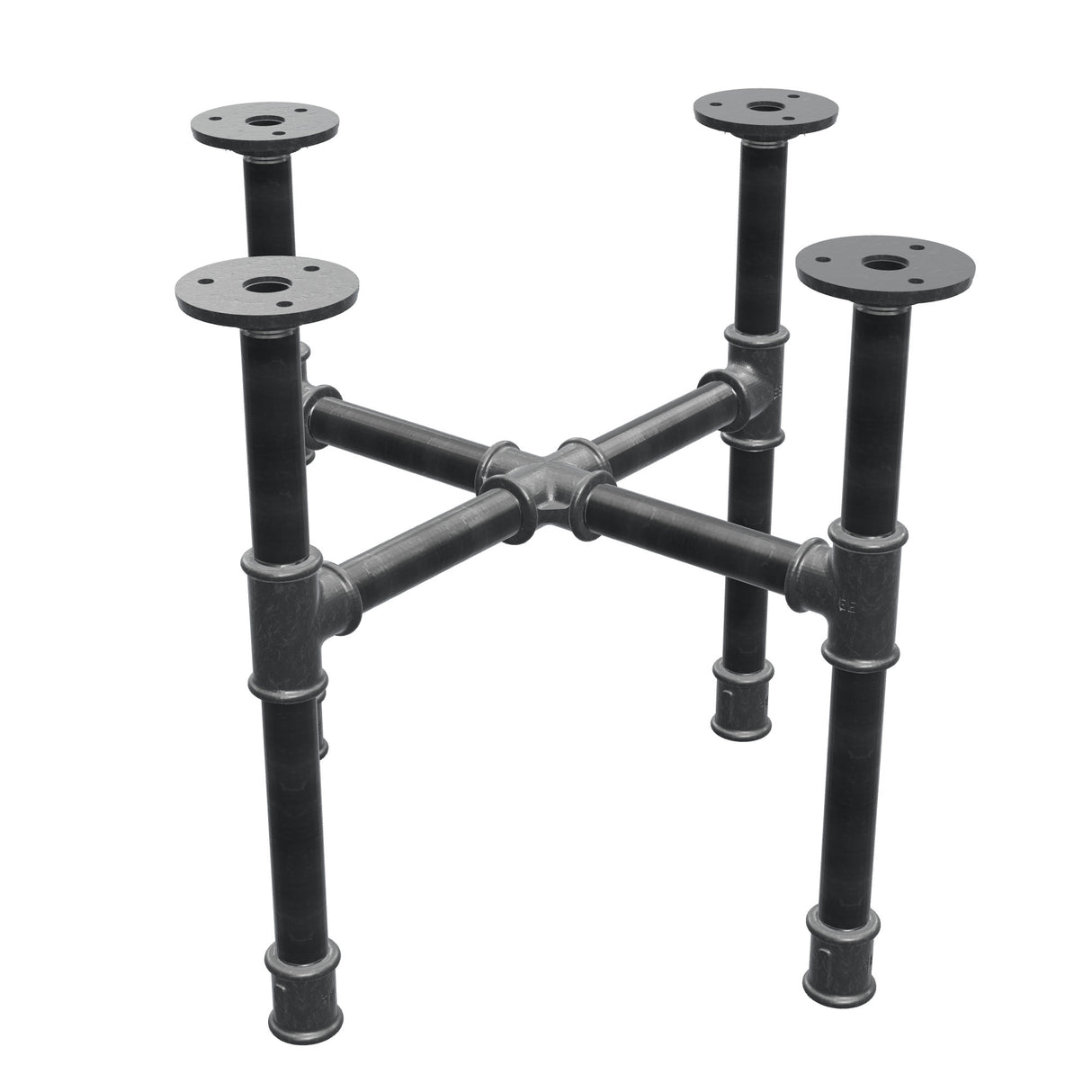 Base de mesa de centro industrial de hierro fundido, patas en cruz, 38 × 38 cm, altura 32 cm, vista tres cuartos
