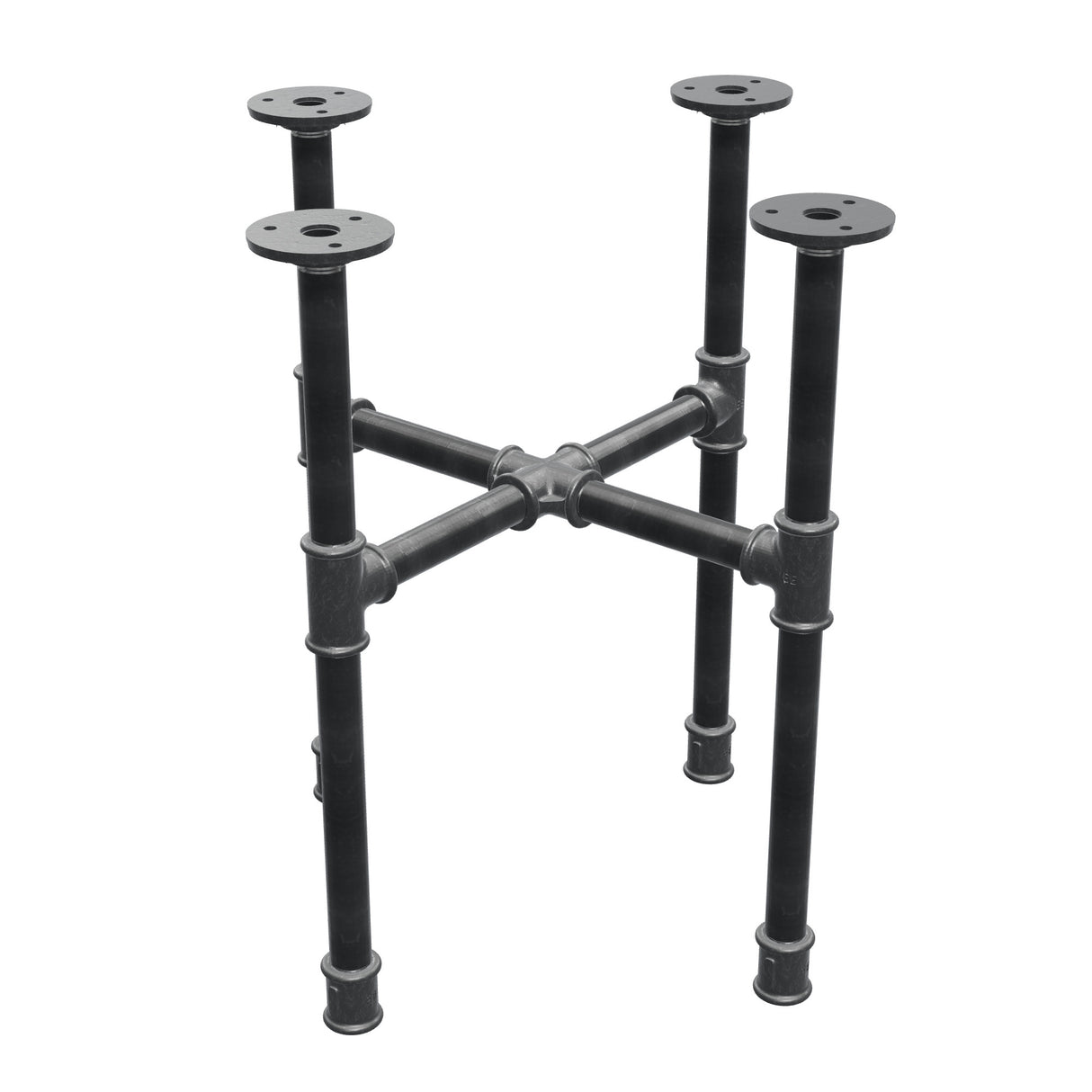 Base de mesa de centro industrial de hierro fundido, patas en cruz, 38 × 38 cm, altura 42 cm, vista tres cuartos