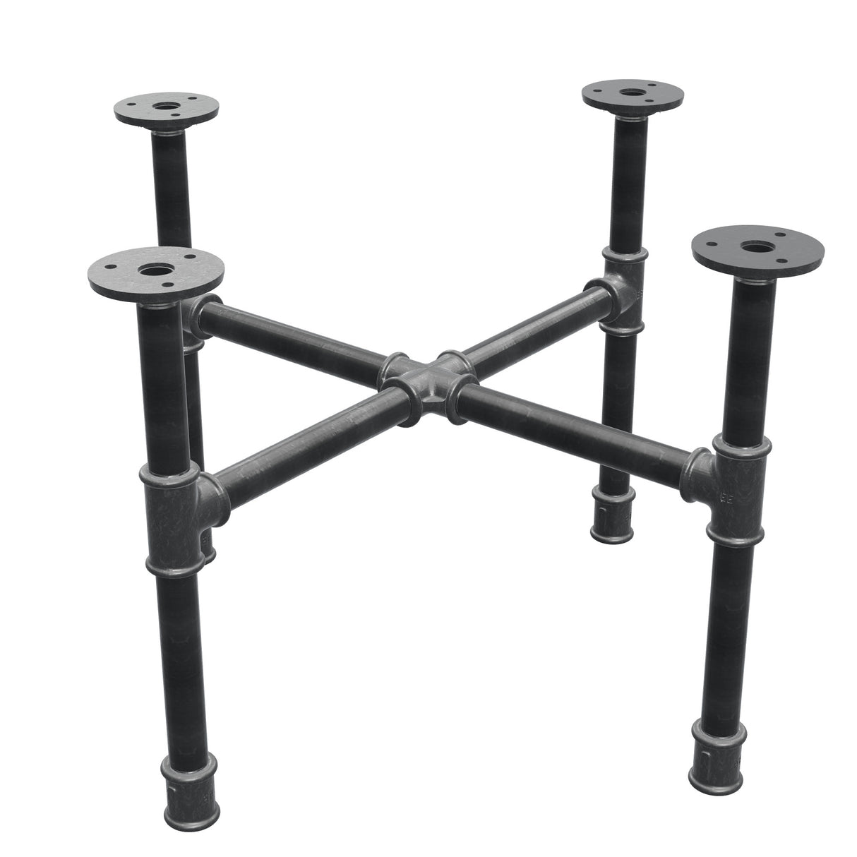 Base de mesa de centro industrial de hierro fundido, patas en cruz, 48 × 48 cm, altura 32 cm, vista tres cuartos