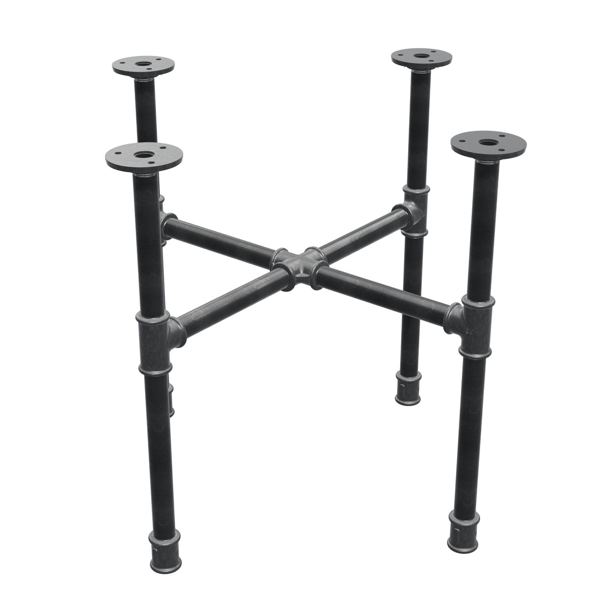 Base de mesa de centro industrial de hierro fundido, patas en cruz, 48 × 48 cm, altura 42 cm, vista tres cuartos