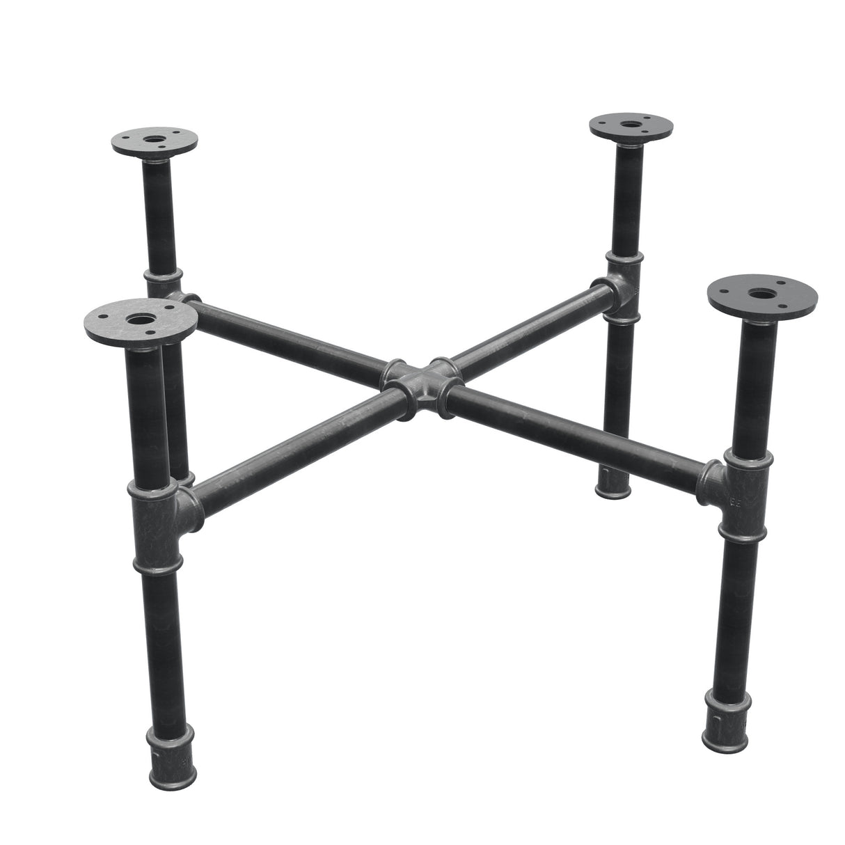 Base de mesa de centro industrial de hierro fundido, patas en cruz, 58 × 58 cm, altura 32 cm, vista tres cuartos