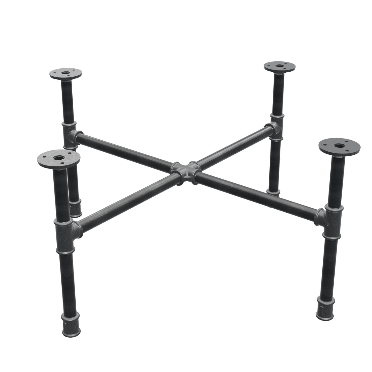 Base de mesa de centro industrial de hierro fundido, patas en cruz, 68 × 68 cm, altura 32 cm, vista tres cuartos