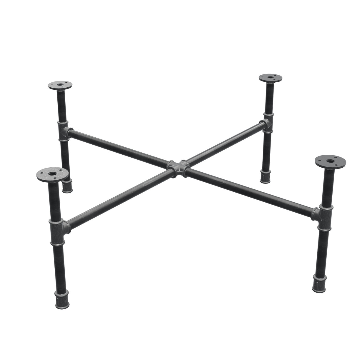 Base de mesa de centro industrial de hierro fundido, patas en cruz, 88 × 88 cm, altura 32 cm, vista tres cuartos