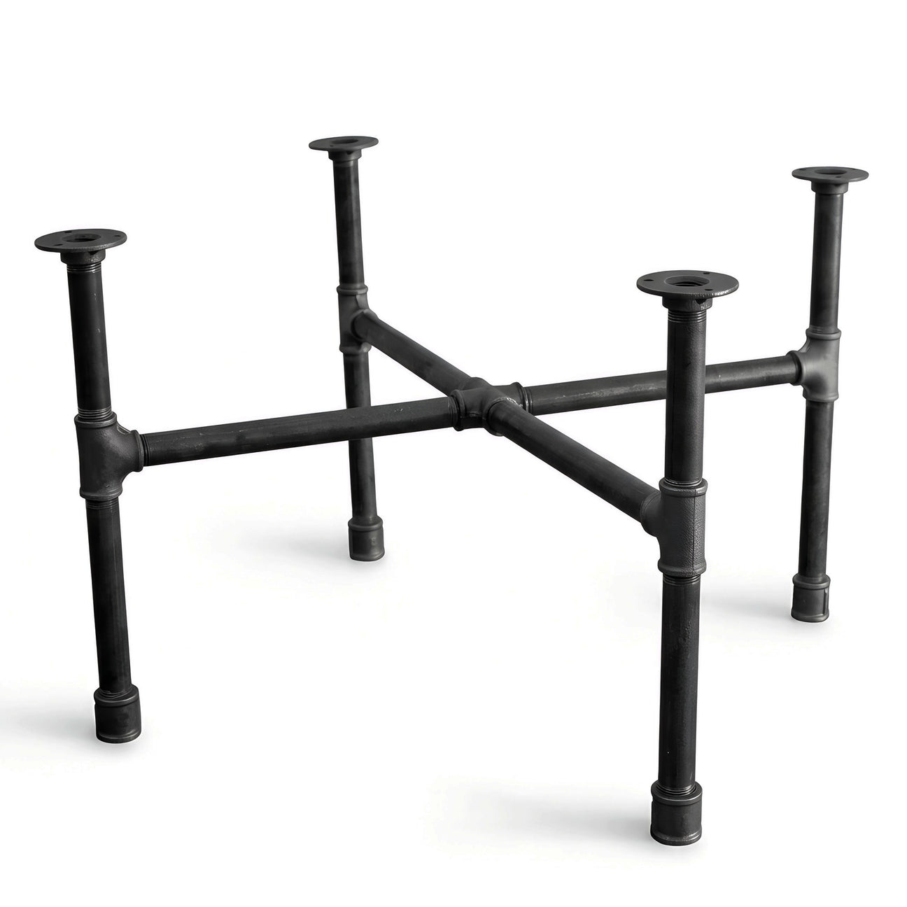 Piètement de table basse en raccords de plomberie fonte, structure en croix vue de dessus