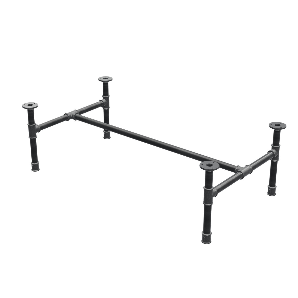 Estructura de mesa de centro industrial de hierro fundido, en H, 101 × 55 cm, altura 32 cm, vista tres cuartos