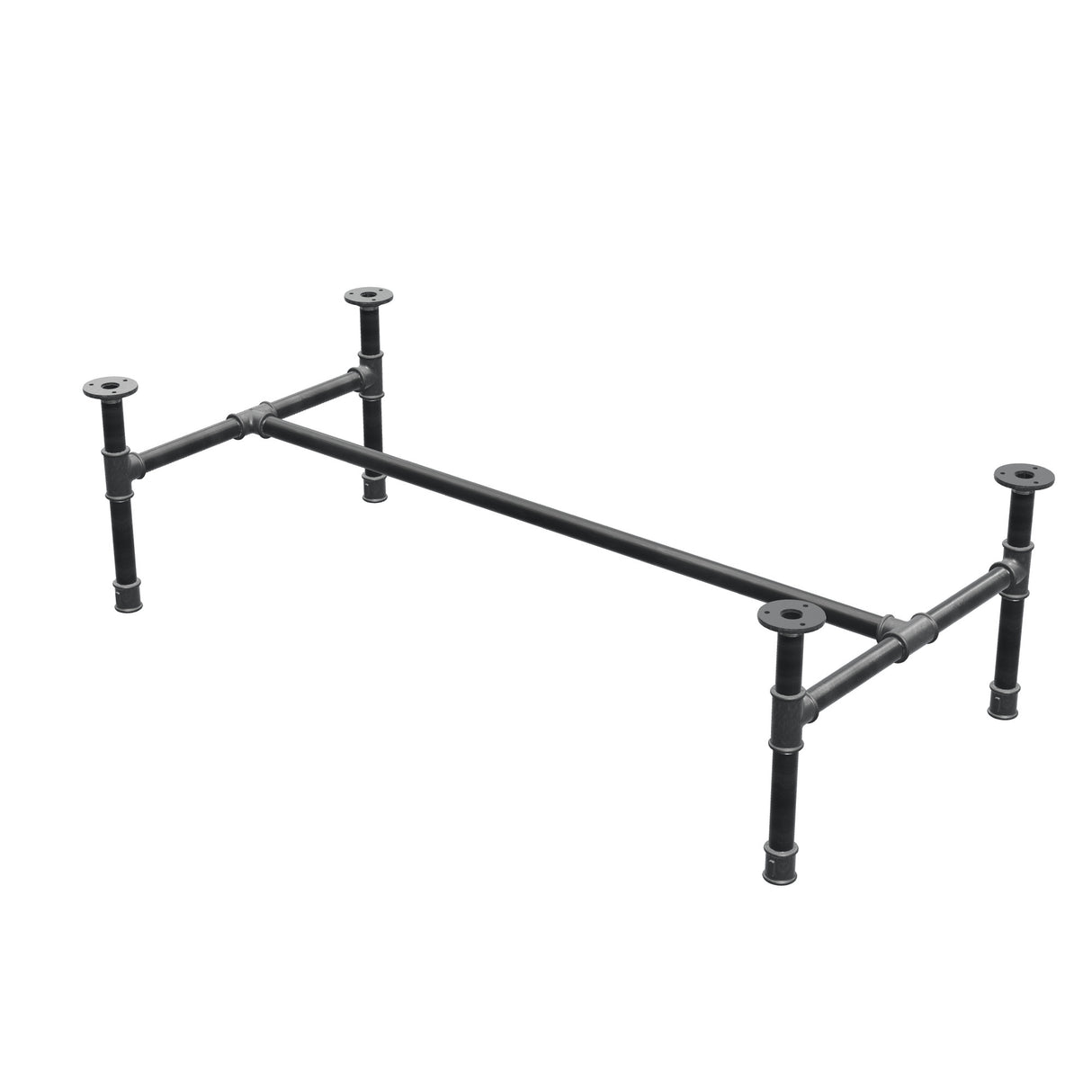 Estructura de mesa de centro industrial de hierro fundido, en H, 111 × 55 cm, altura 32 cm, vista tres cuartos