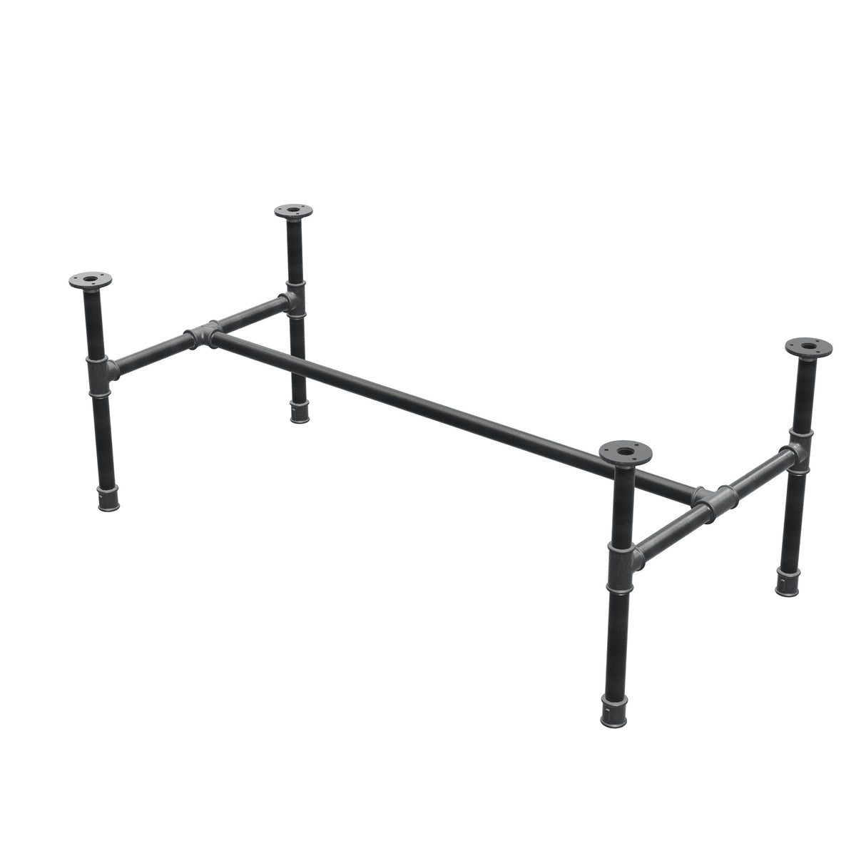 Estructura de mesa de centro industrial de hierro fundido, en H, 111 × 55 cm, altura 42 cm, vista tres cuartos