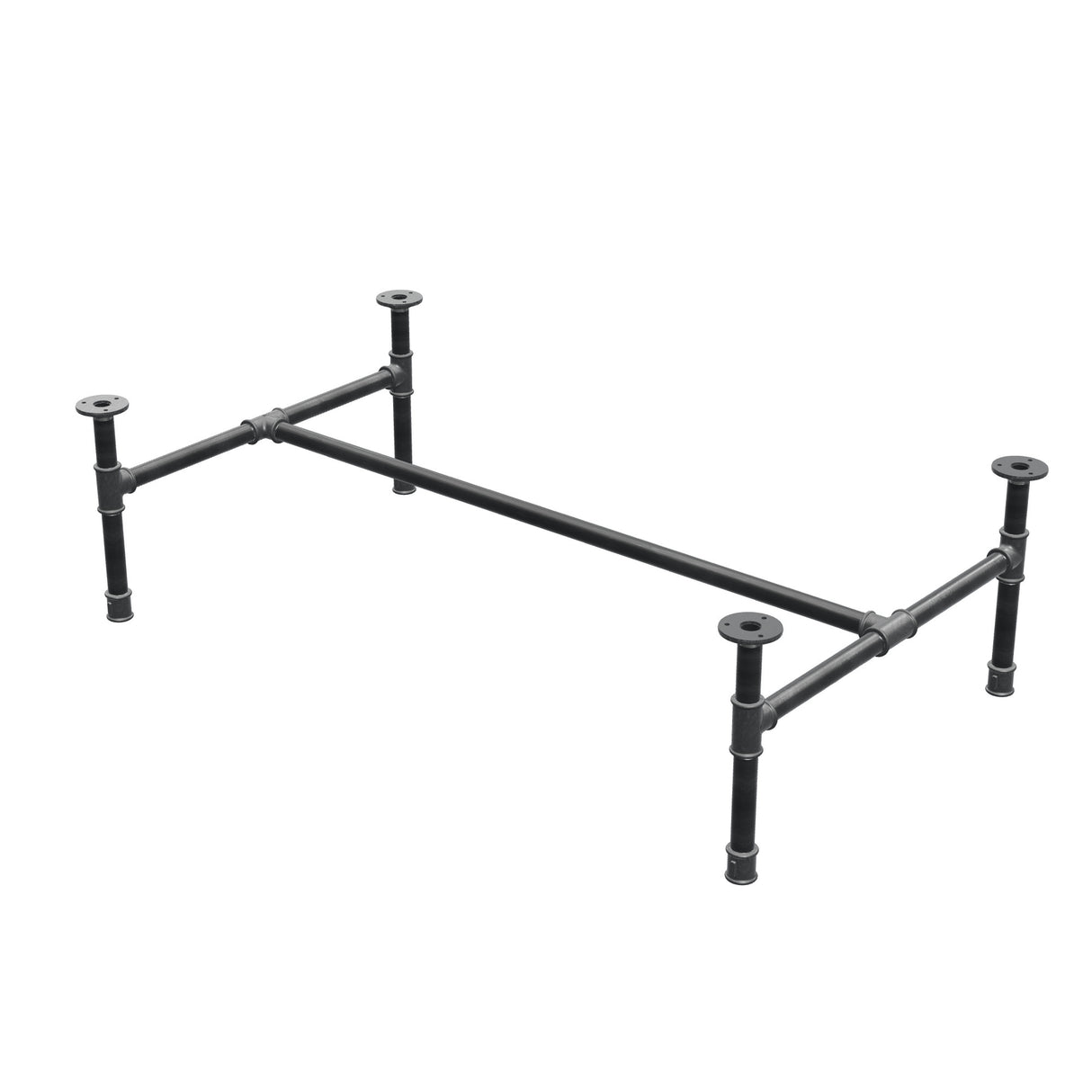 Estructura de mesa de centro industrial de hierro fundido, en H, 111 × 65 cm, altura 32 cm, vista tres cuartos